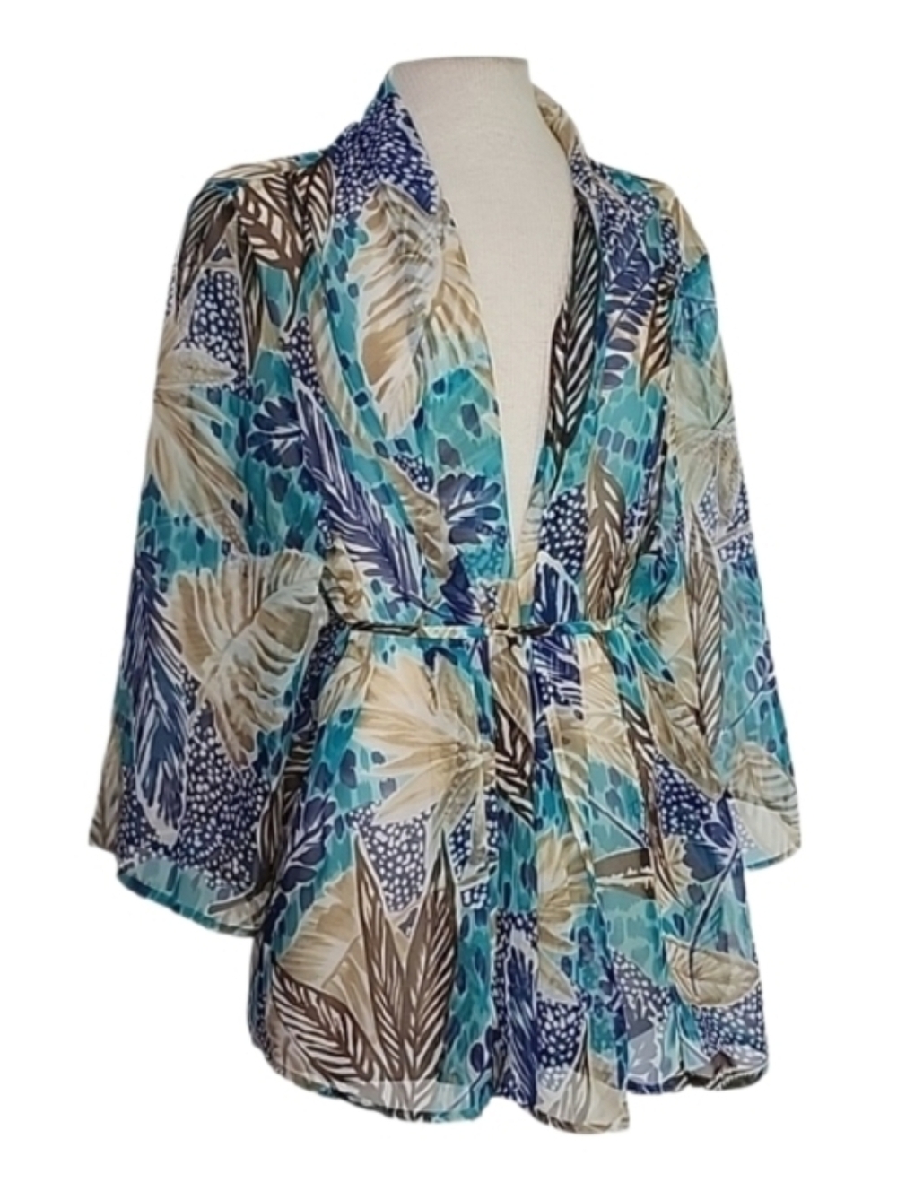Bon Worth Kimono Semi Sheer Tropical Leaf Detail Aqua Size L